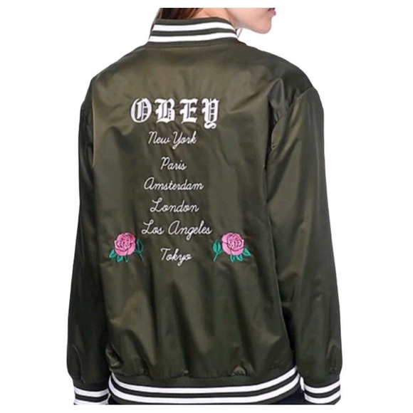 Obey Jackets & Blazers - Obey Worldwide Olive Green Bomber Jacket Embroidered Cities Roses‎ Womens Small